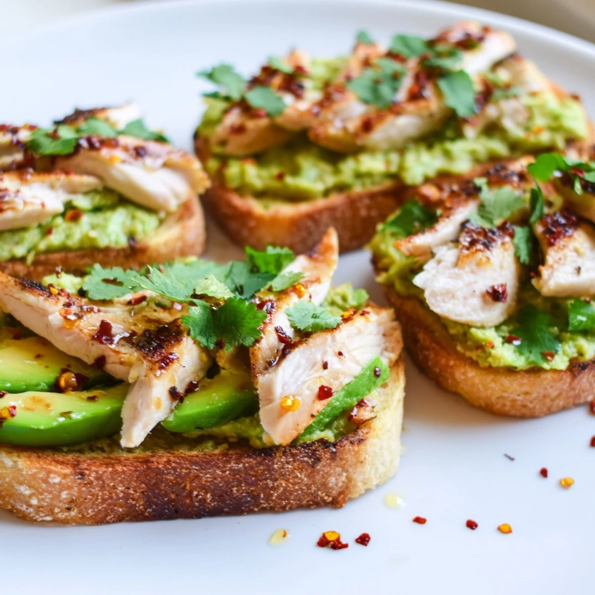 Savory Smashed Avocado Chicken Toast served warm, with vibrant green avocado and a sprinkle of red chili flakes.