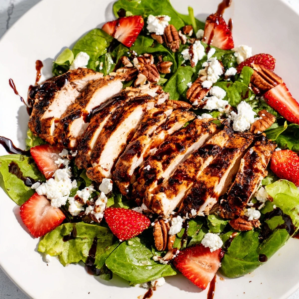 A vibrant plate of Strawberry Balsamic Chicken Salad, featuring juicy grilled chicken slices and fresh strawberries over crisp mixed greens.