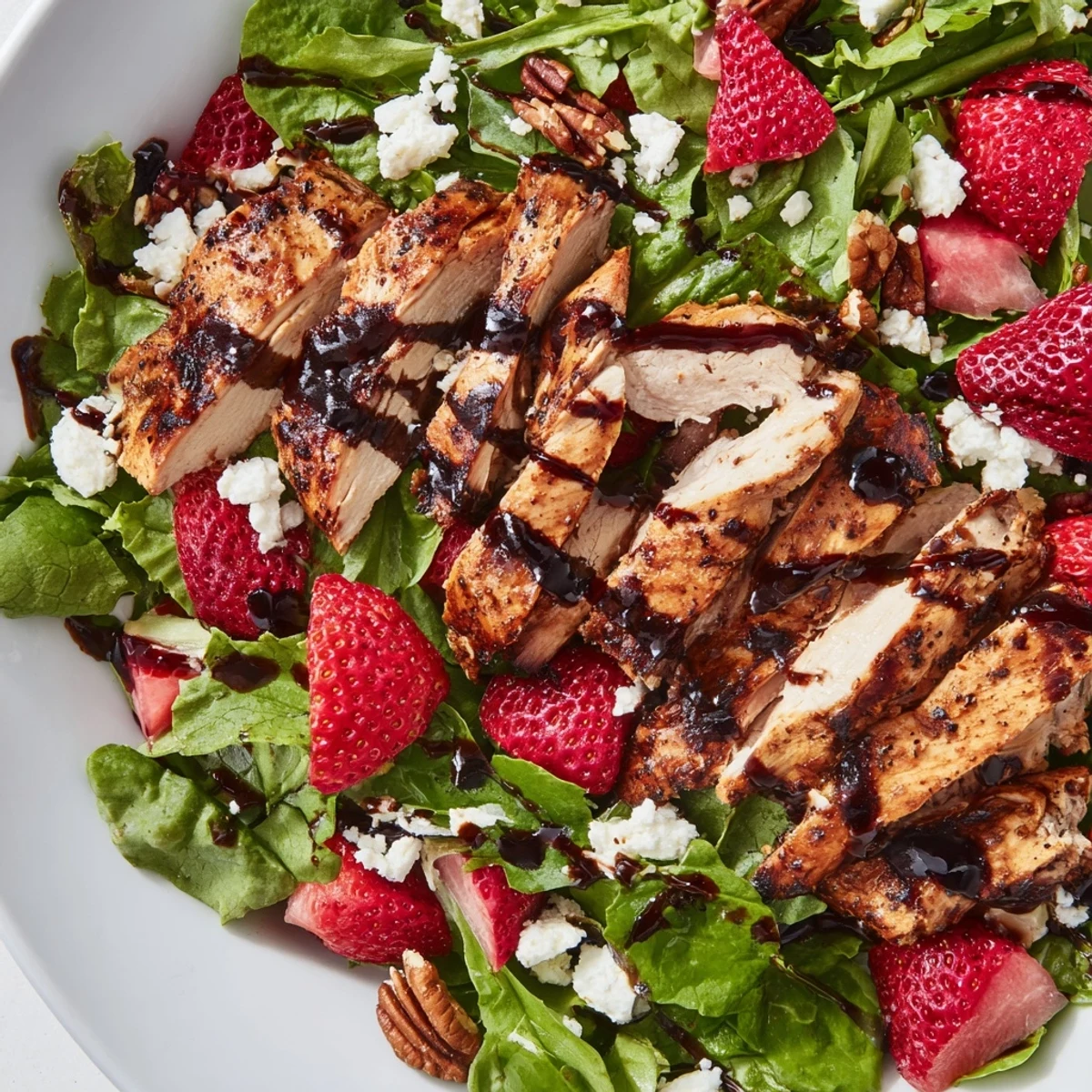 A close-up of Strawberry Balsamic Chicken Salad topped with crumbled feta, toasted pecans, and a drizzle of sweet, tangy balsamic glaze.