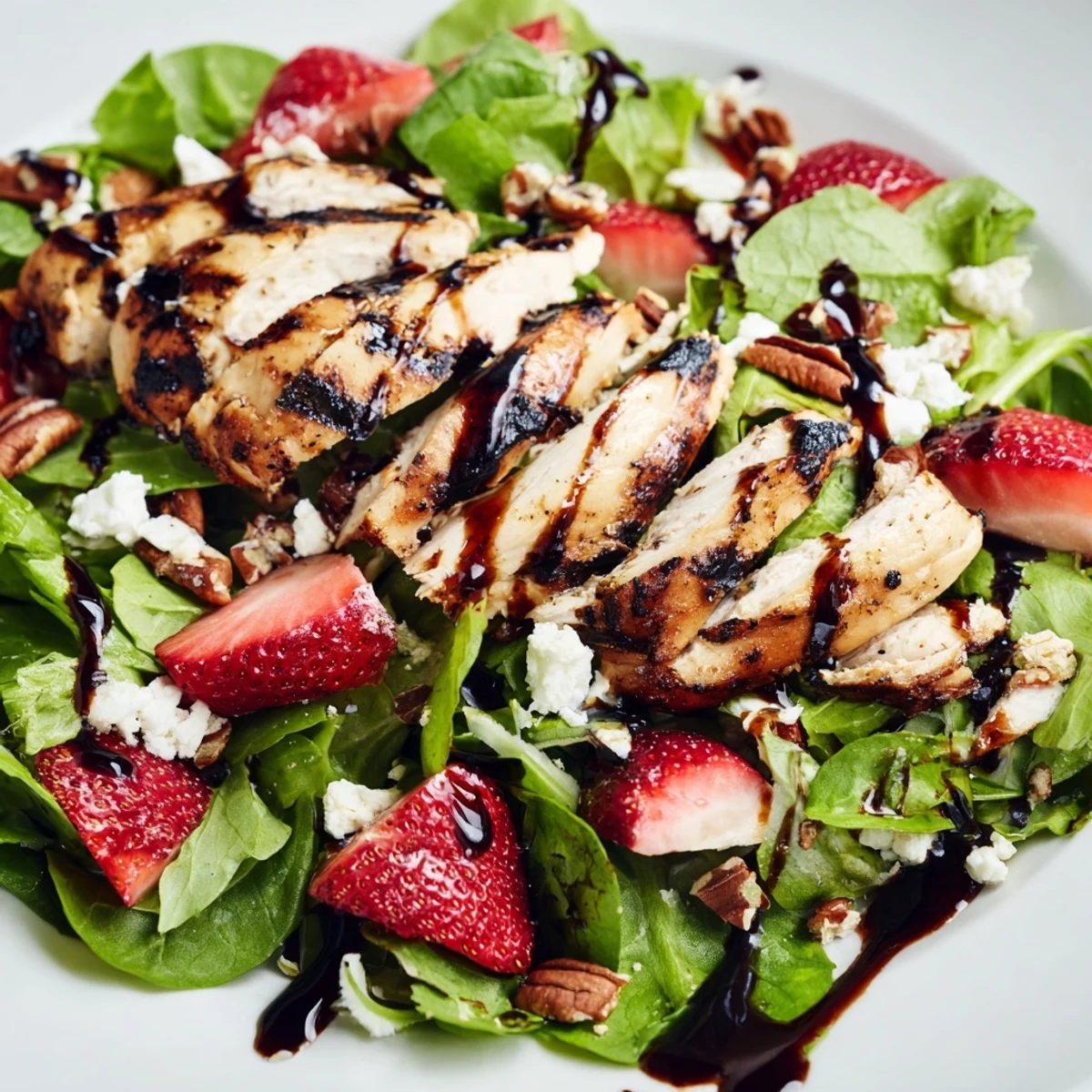 Colorful serving of Strawberry Balsamic Chicken Salad with sliced red onions and strawberries on a bed of fresh arugula and spinach.