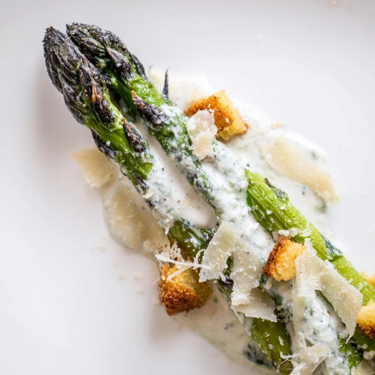 Bright green roasted asparagus spears nestled in crisp romaine lettuce, drizzled with tangy yogurt Caesar dressing and topped with golden homemade croutons and shaved Parmesan.