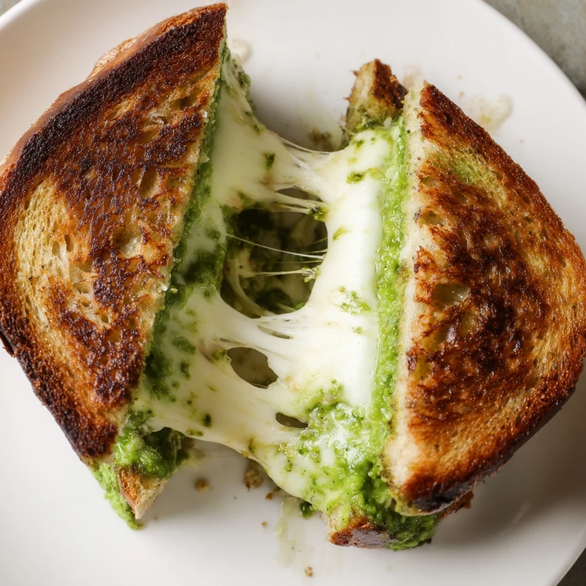 Bright golden sourdough slices oozing with melty mozzarella and vibrant green spring pea pesto, served warm on a wooden board.