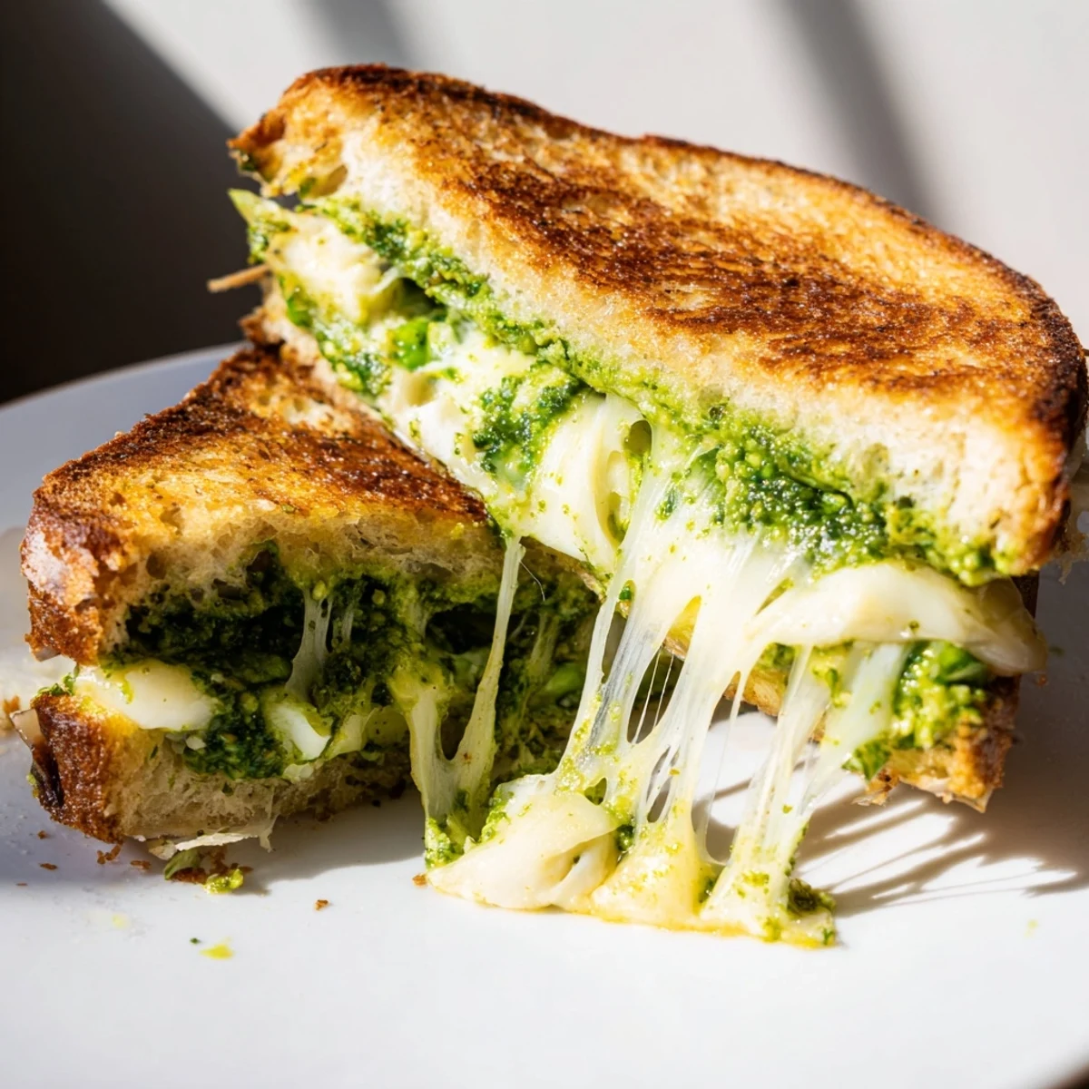A close-up of a grilled cheese sandwich layered with fresh pea and basil pesto, crispy crust, and melted mozzarella inside.