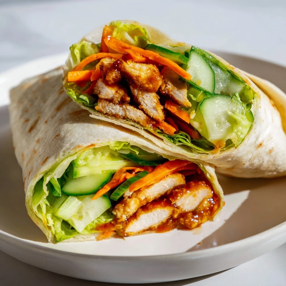 Warm flour tortilla wrapped around a vibrant filling of honey chili chicken, shredded carrots, and scallions, ready to eat.