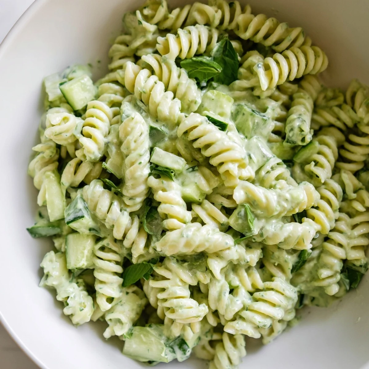 A vibrant bowl of Green Goddess Pasta Salad, featuring bright green dressing, crisp cucumbers, and a sprinkle of fresh chives.