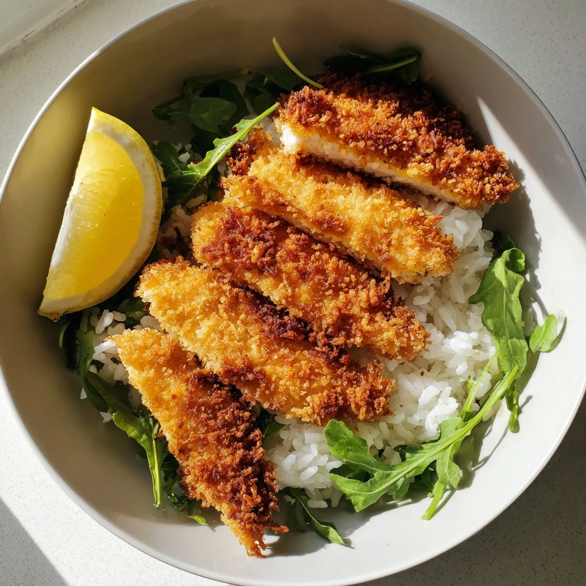 Sliced, breaded chicken strips fanned over warm rice and peppery arugula, ready for a fresh lemon squeeze in this bowl.