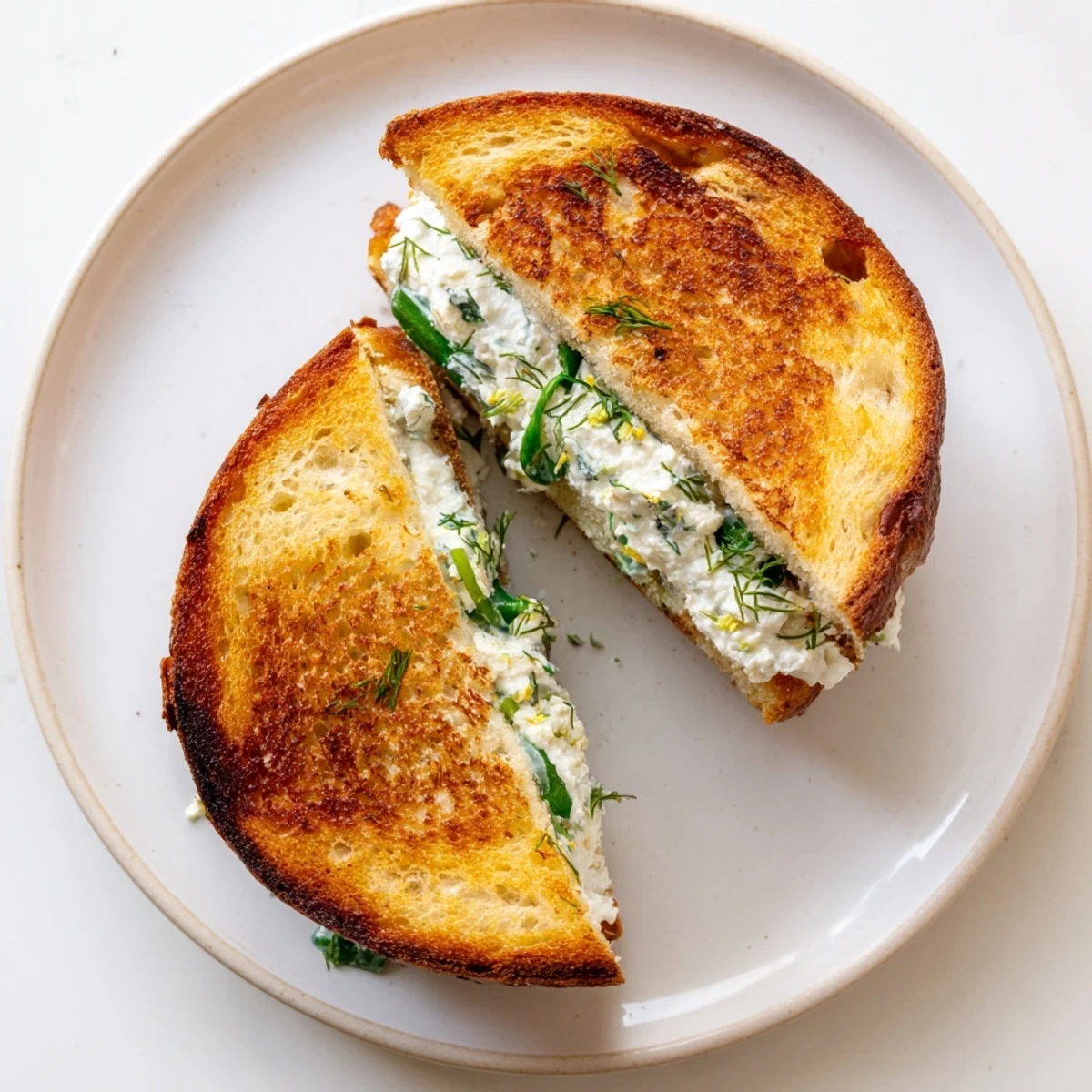 A close-up view of a warm whipped feta spring grilled cheese sandwich on a cutting board, revealing melted layers inside.
