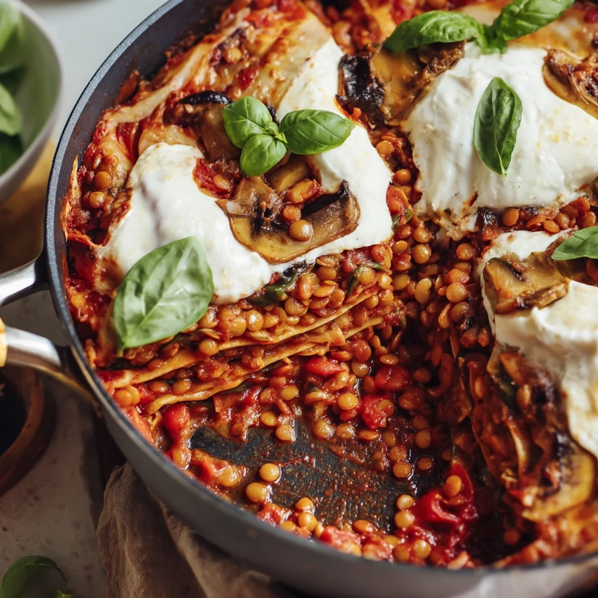 Close-up of One-Pan Smoky Veggie Lentil Lasagne with creamy béchamel and golden cheese crust, ready to be served.