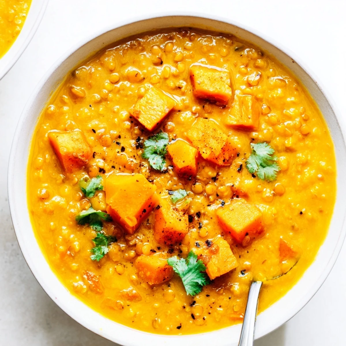 Golden roasted butternut squash and lentil soup simmered with carrots and warming spices, served steaming in a rustic bowl.  