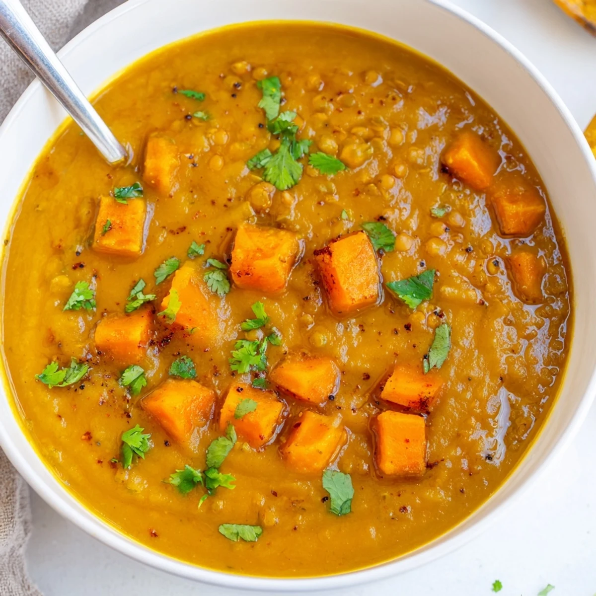 Velvety orange butternut squash and lentil soup blended until smooth, steaming beside a slice of crusty gluten-free bread.