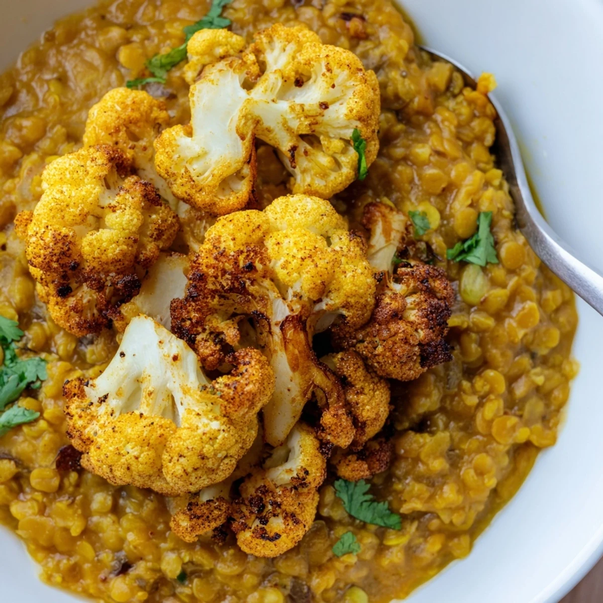 A steaming bowl of Dhal with Cumin-Roasted Cauliflower garnished with fresh cilantro and creamy coconut sauce.