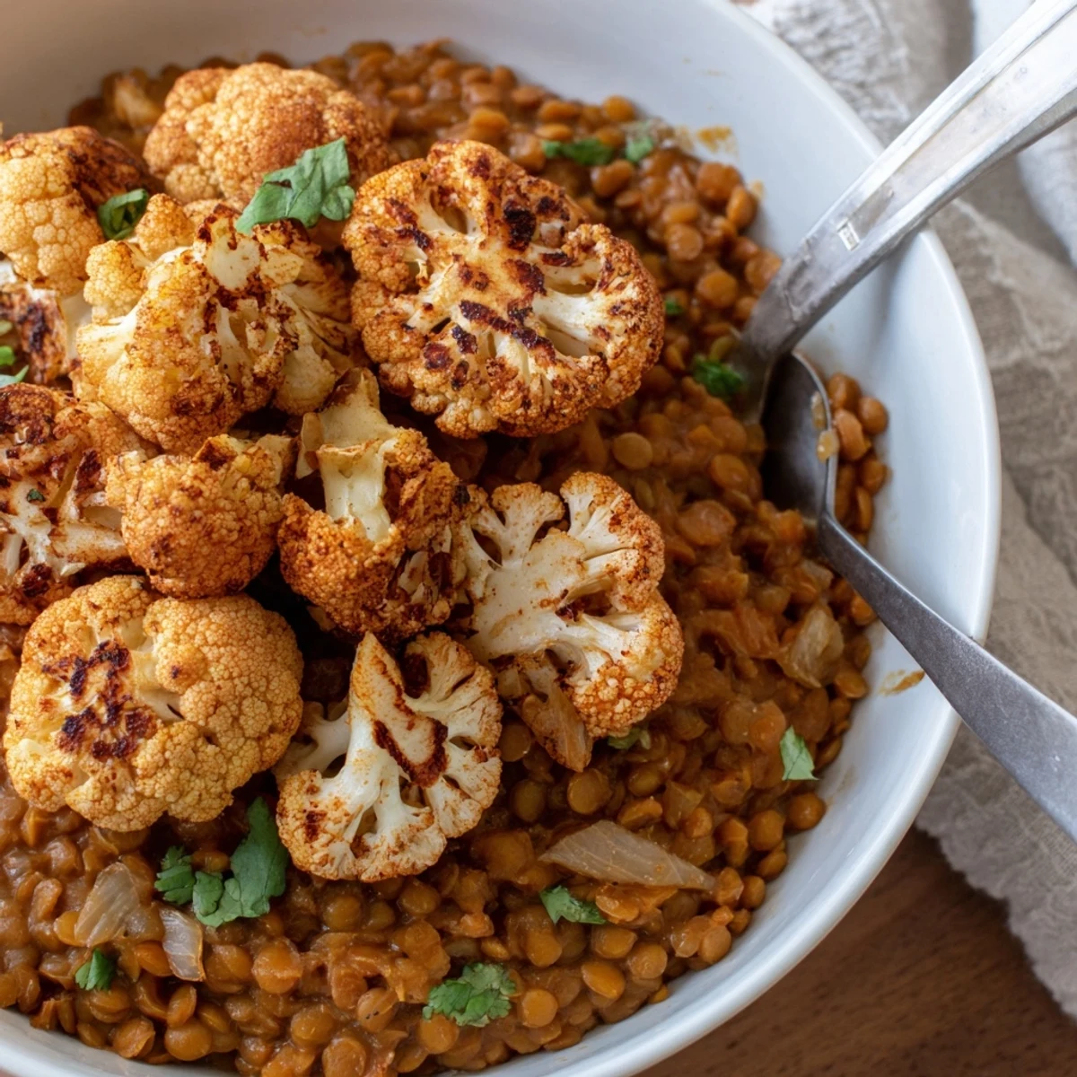 A close-up of vibrant Dhal with Cumin-Roasted Cauliflower highlighting the rich textures and aromatic spices.