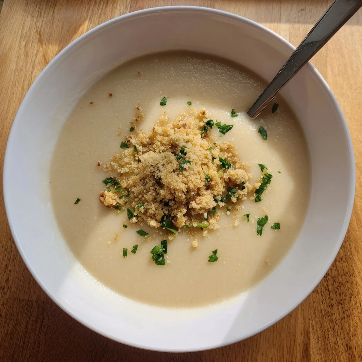 Creamy roasted celeriac soup with hazelnut crumble garnish, served warm in a rustic bowl for cozy fall dinners.