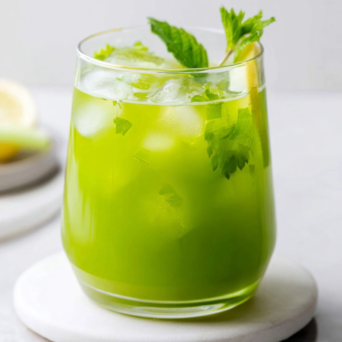 A tall glass of Celery Ginger Lemon Juice with vibrant green hues, served over ice and garnished with fresh mint for a refreshing, healthy sip.