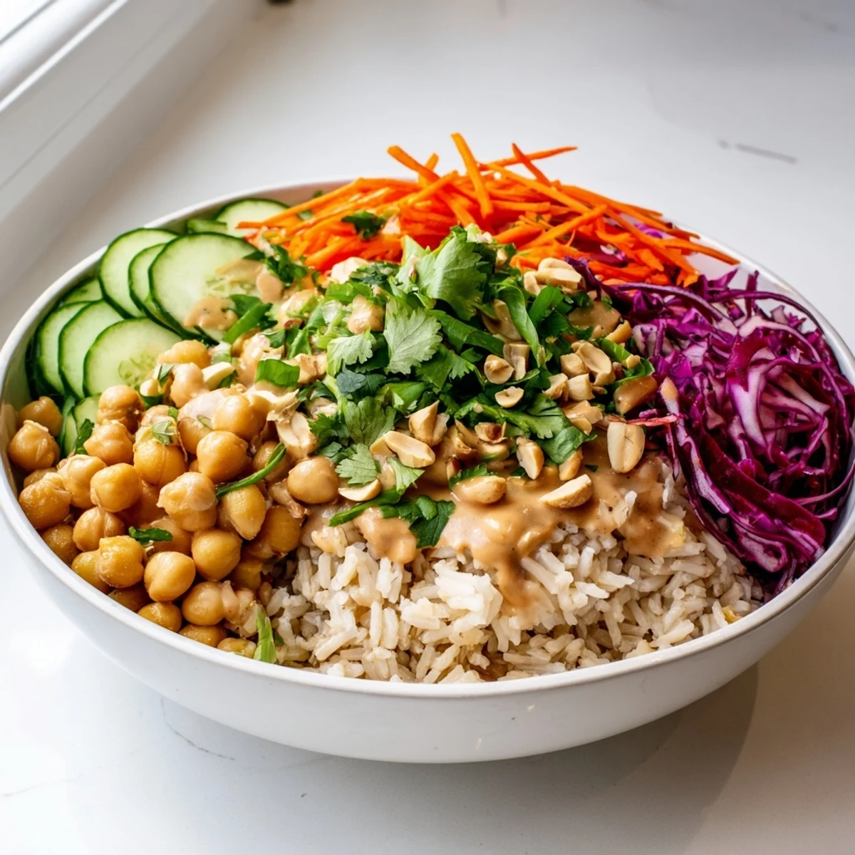 A vibrant Peanut Chickpea Rice Bowl with fluffy brown rice, chickpeas, crunchy peanuts, and colorful shredded vegetables, drizzled with creamy peanut dressing.  