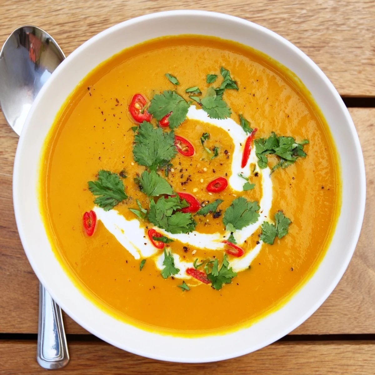 This vibrant bowl of Carrot, Celeriac, and Chilli Soup features a bright orange hue and is garnished with fresh coriander and a swirl of creamy vegan yogurt.  