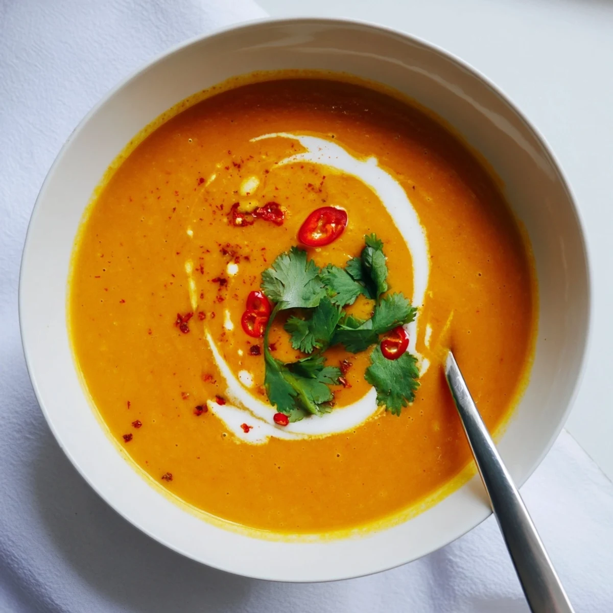 Steaming hot Carrot, Celeriac, and Chilli Soup in a rustic bowl showcases the golden broth and colorful bits of diced carrot and celeriac.