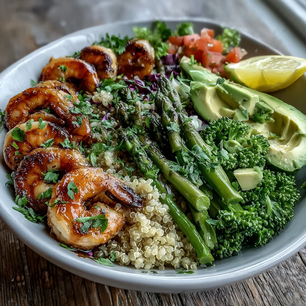 Vibrant Detox Buddha Bowl with Shrimp, featuring colorful veggies, creamy avocado, and succulent shrimp.