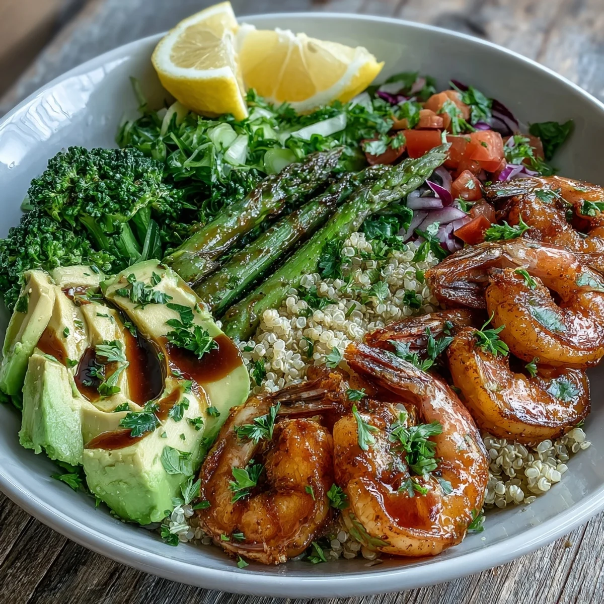 Hearty Detox Buddha Bowl with Shrimp, showcasing vibrant ingredients and a tangy balsamic glaze.