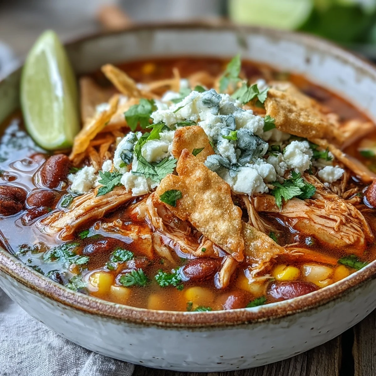 Hearty Chicken Tortilla Soup, topped with crispy tortilla strips and cilantro.