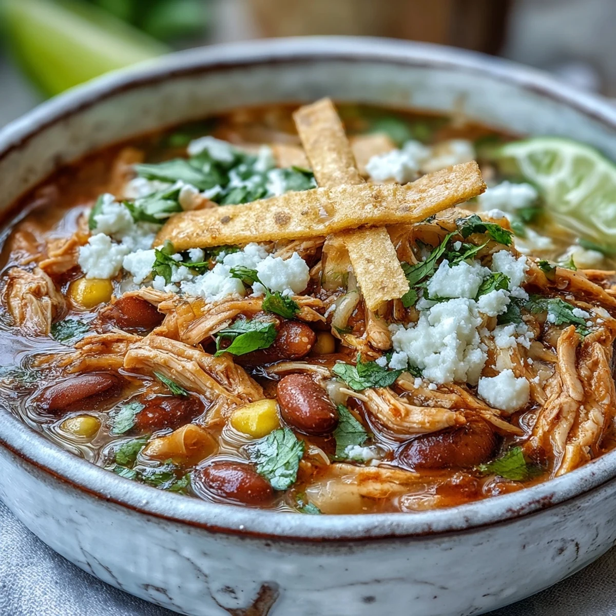 Authentic Mexican Chicken Tortilla Soup, brimming with beans and savory spices.