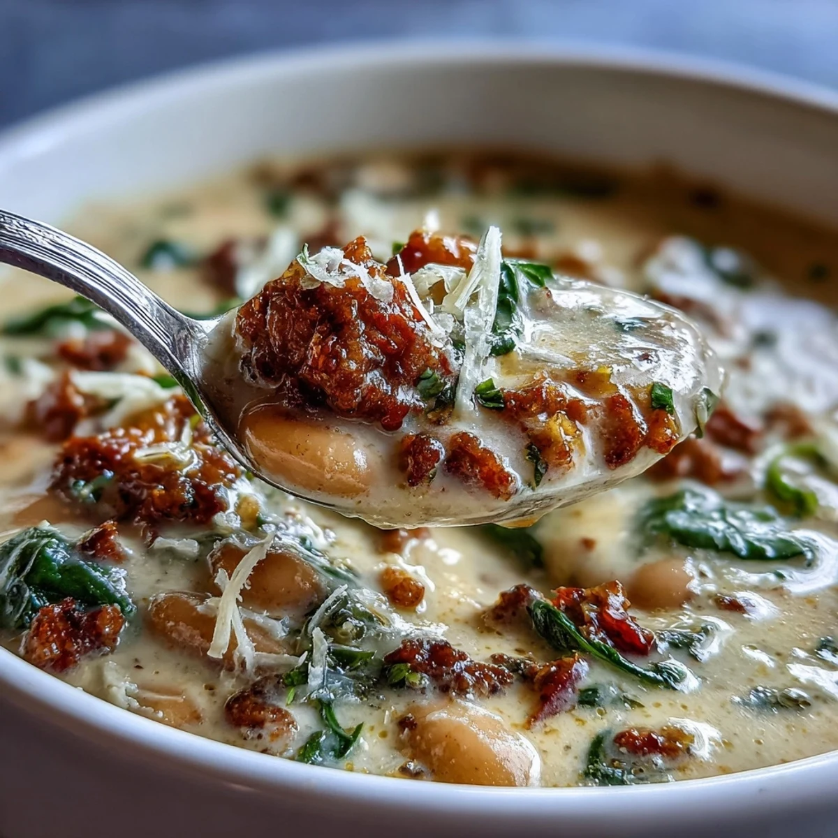 Epic Creamy Tuscan White Bean Sausage Soup, a hearty comfort bowl.