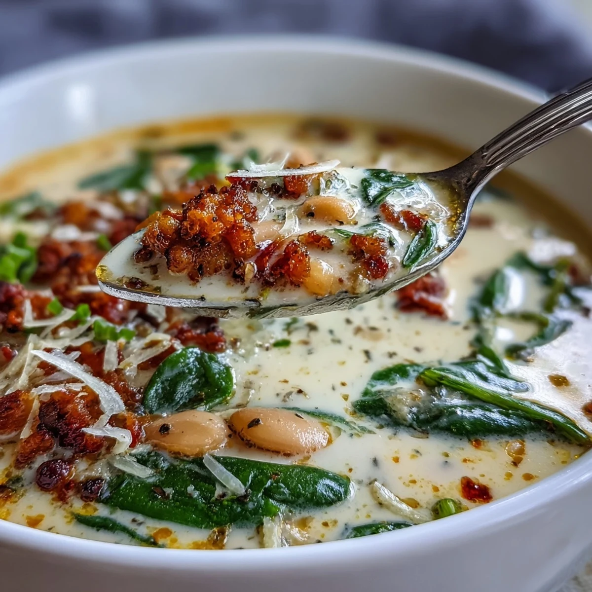 Savory sausage and white beans shine in this creamy Tuscan soup.