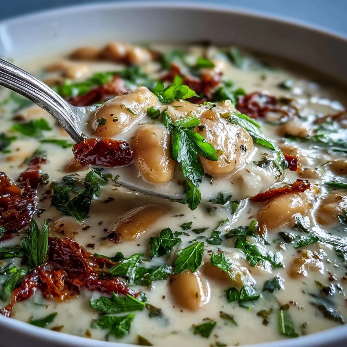 Creamy Tuscan White Bean Soup: velvety, herb-infused beans with sun-dried tomatoes.