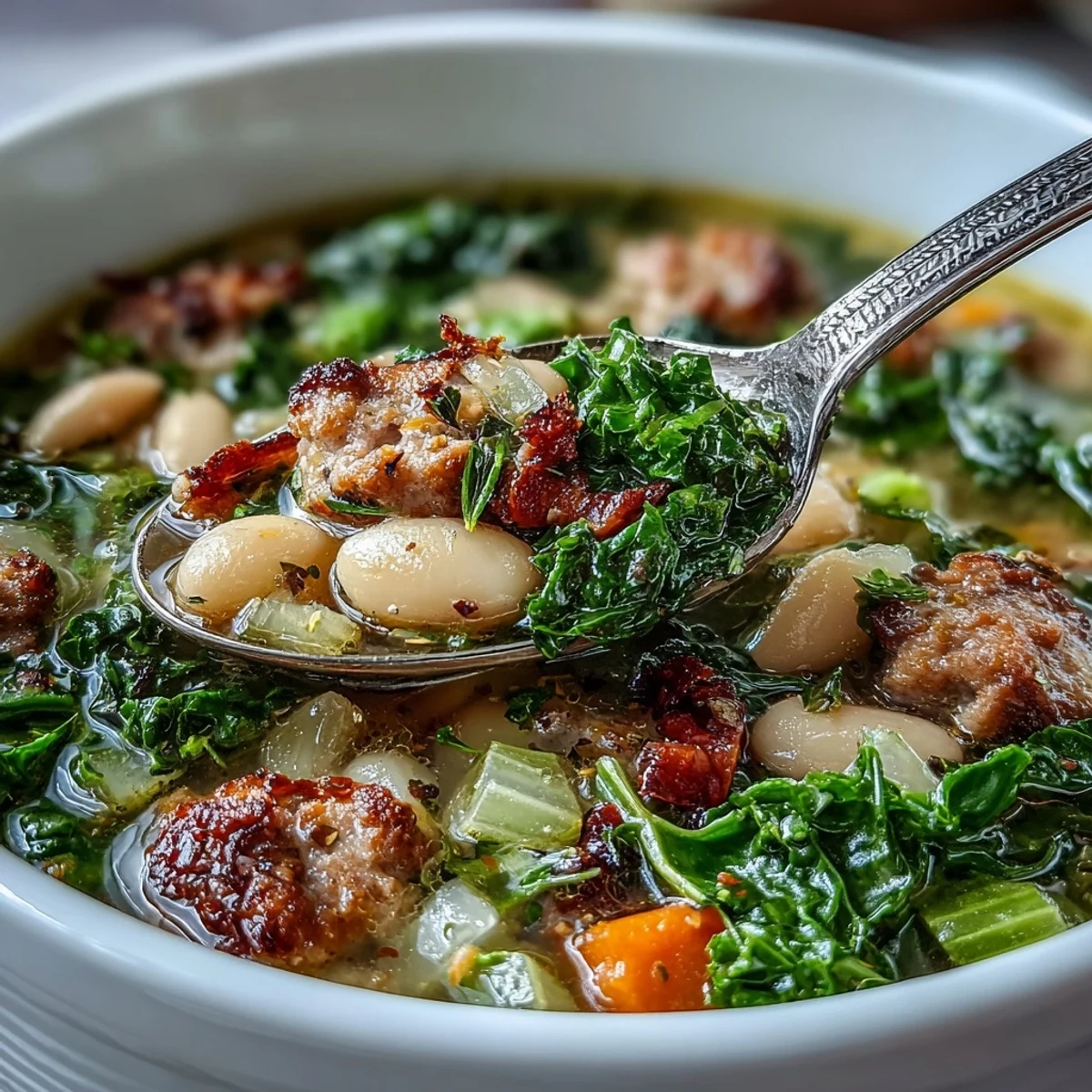 Hearty Italian White Bean Soup with Sausage and Kale, brimming with flavorful sausage.