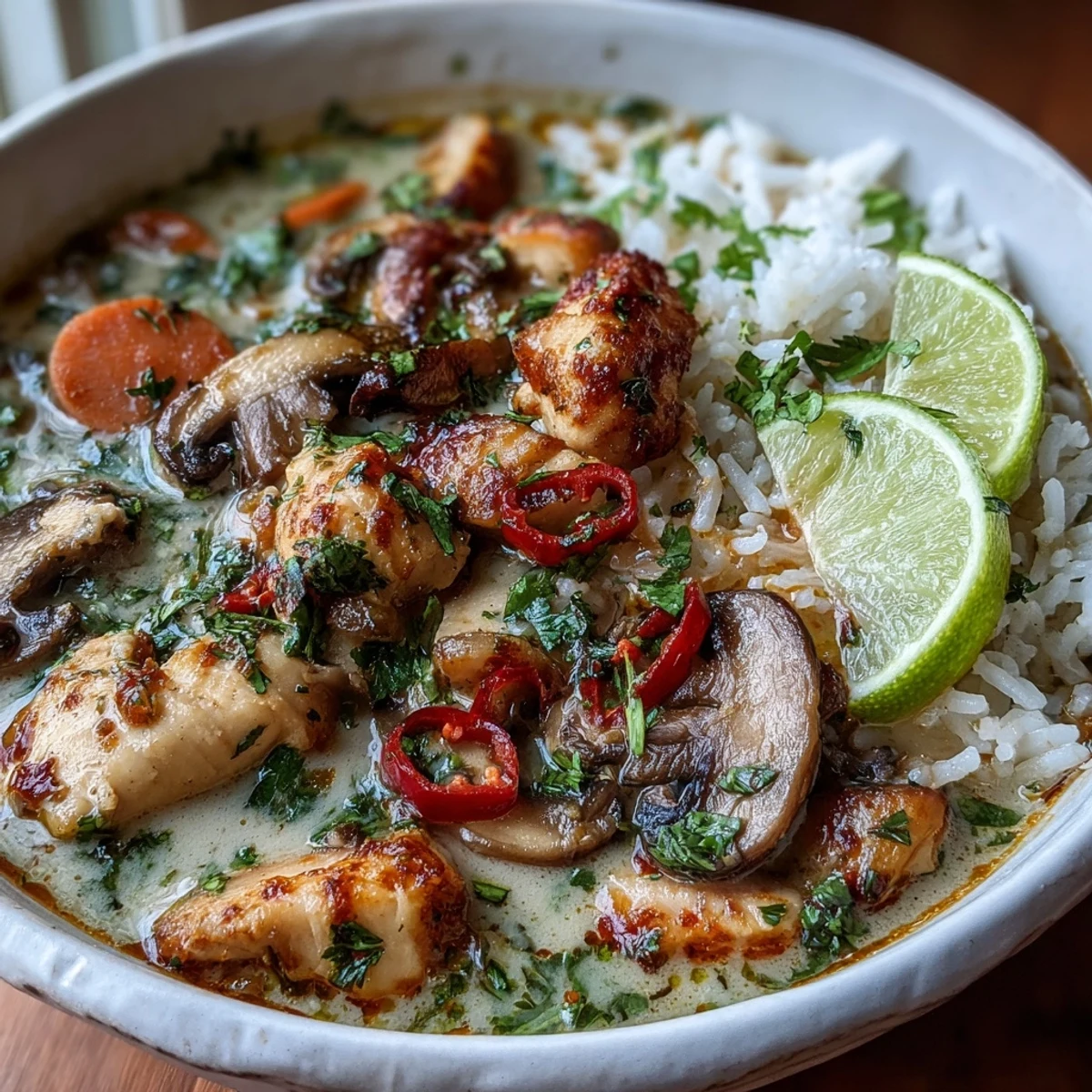 Creamy Thai coconut curry soup with tender chicken and vibrant vegetables.