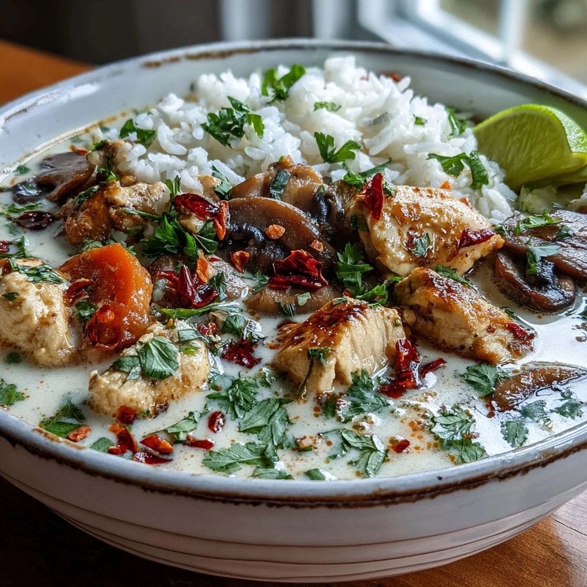 A steaming bowl of flavorful Thai coconut curry soup, generously garnished.