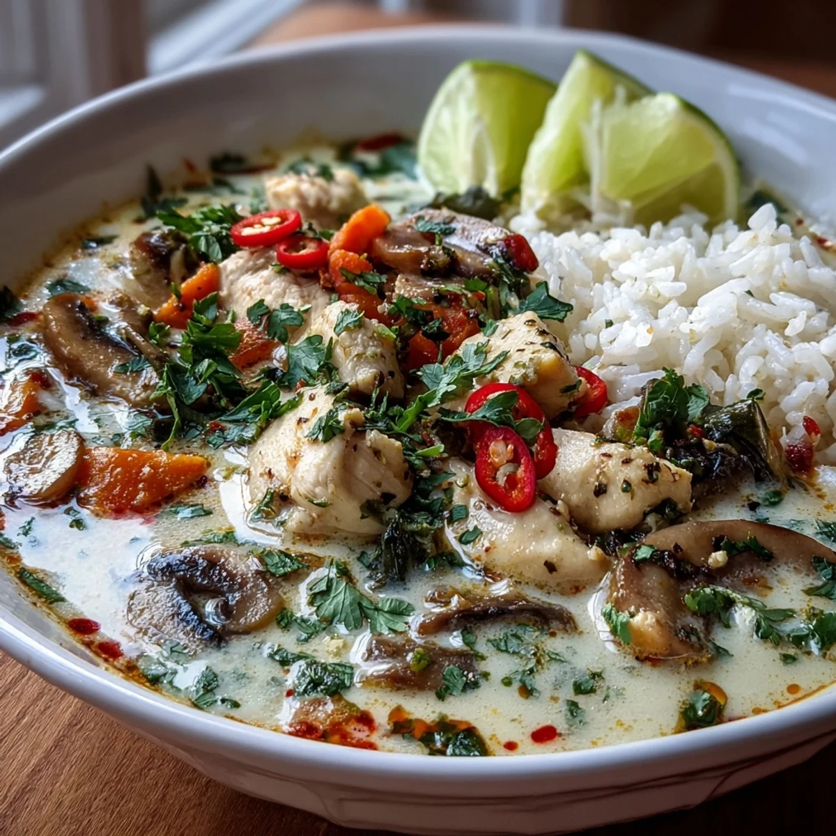 Fragrant Thai coconut curry soup, a comforting and easy weeknight meal.