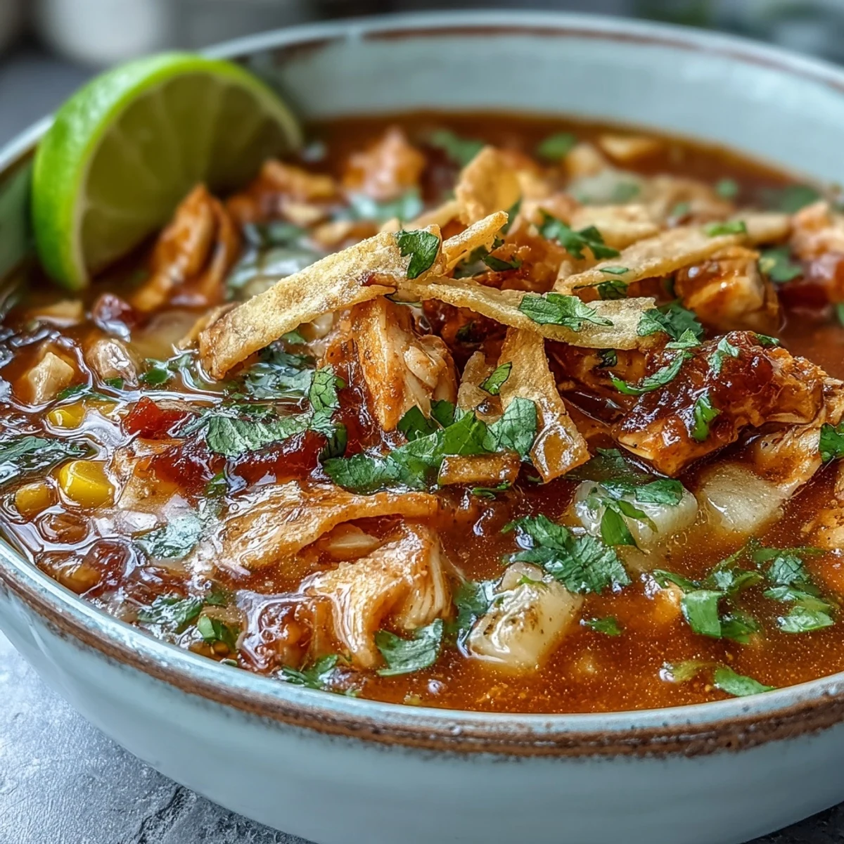 Steaming bowl of Best Chicken Tortilla Soup topped with crispy tortilla strips and fresh cilantro.