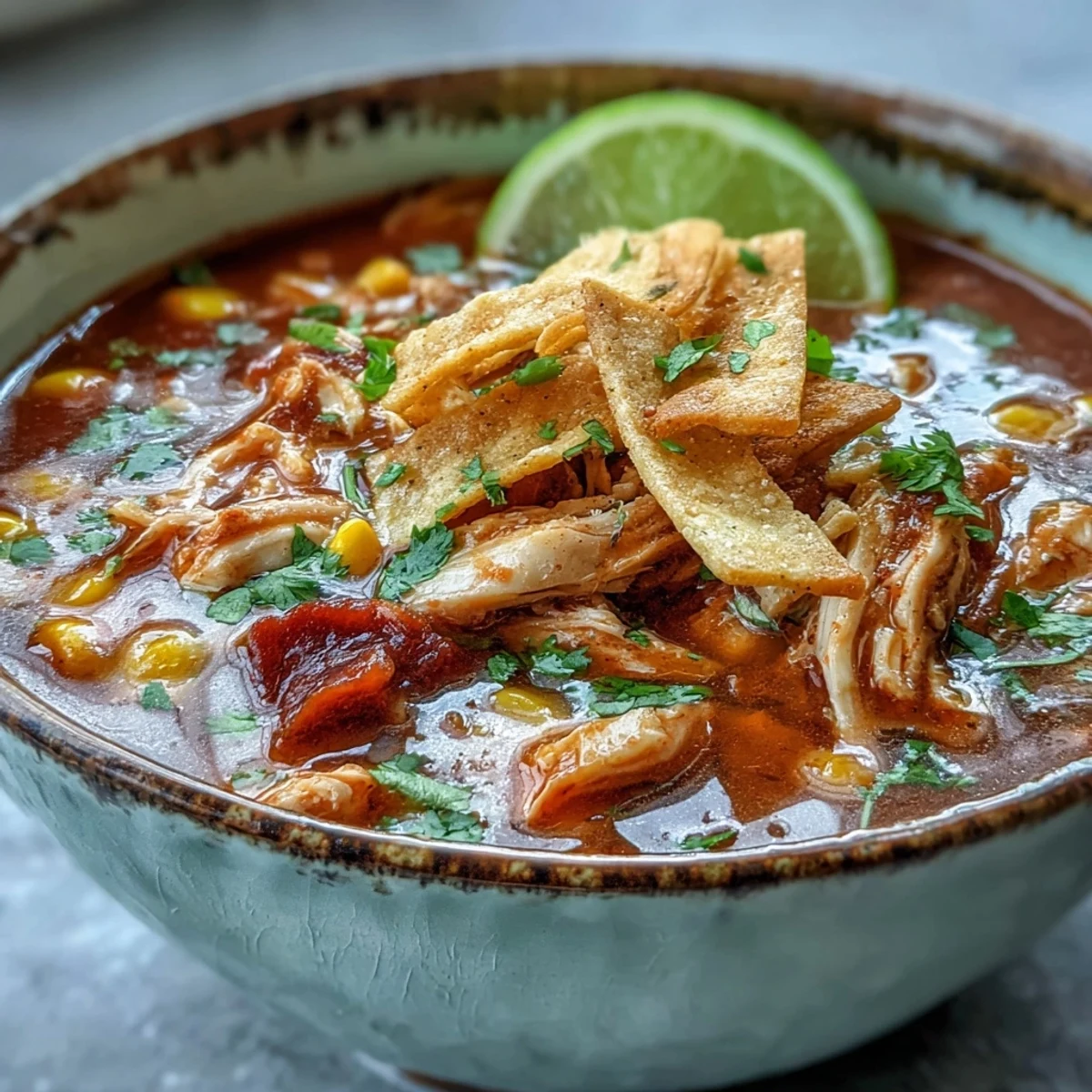 Best Chicken Tortilla Soup served in a rustic bowl with creamy avocado slices and lime wedges.