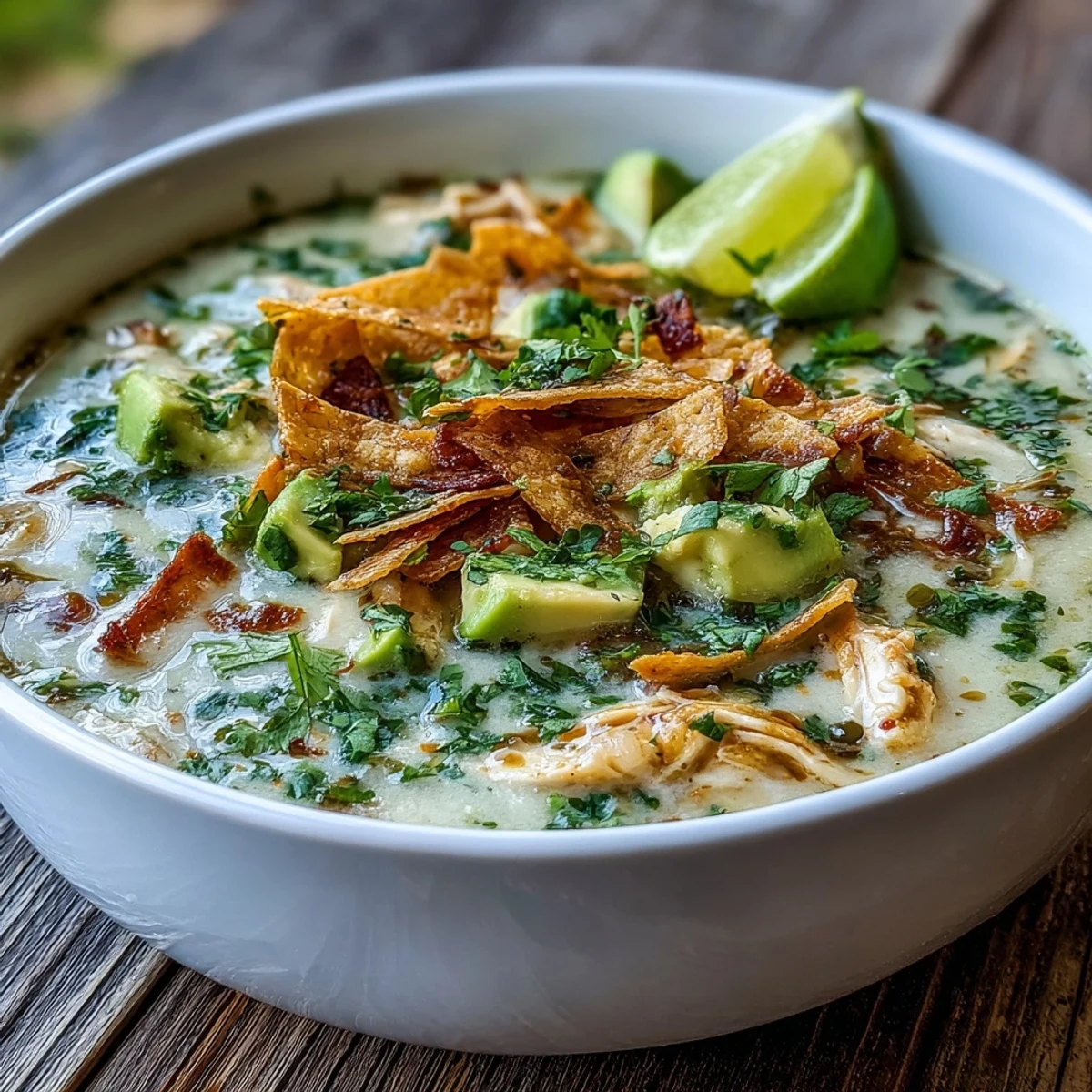 Cheesy, creamy chicken tortilla soup, topped with avocado and crunchy chips.