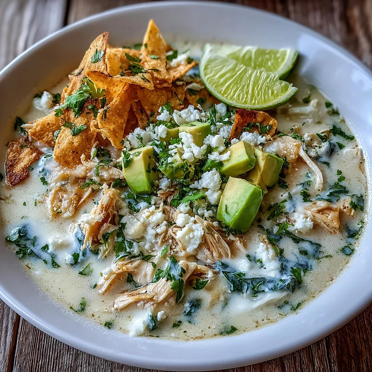 Savory chicken tortilla soup bursting with poblano, jalapeño, and a cheesy finish.