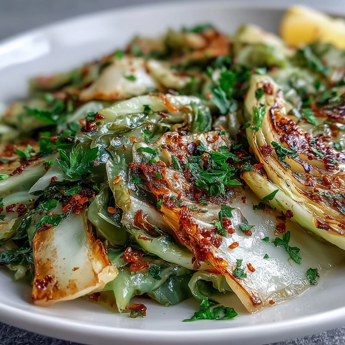 Sautéed Cabbage With Garlic and Mediterranean Spices served warm with fresh parsley and lemon wedges.