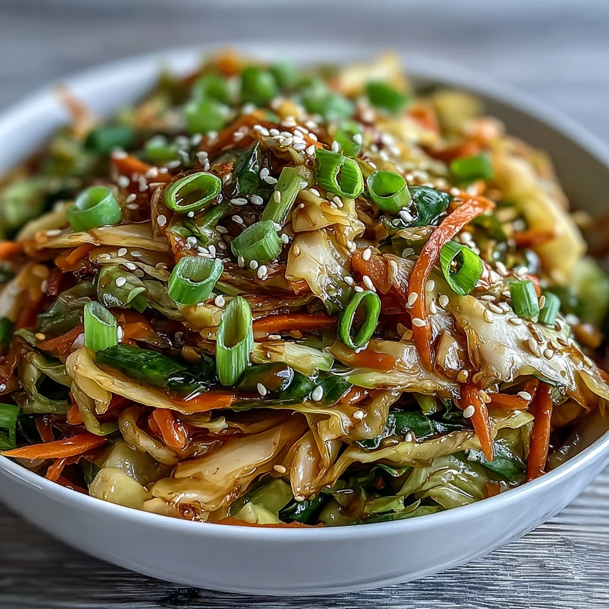 A steaming serving of hot and sour cabbage is garnished with scallions and sesame seeds beside fluffy white rice.