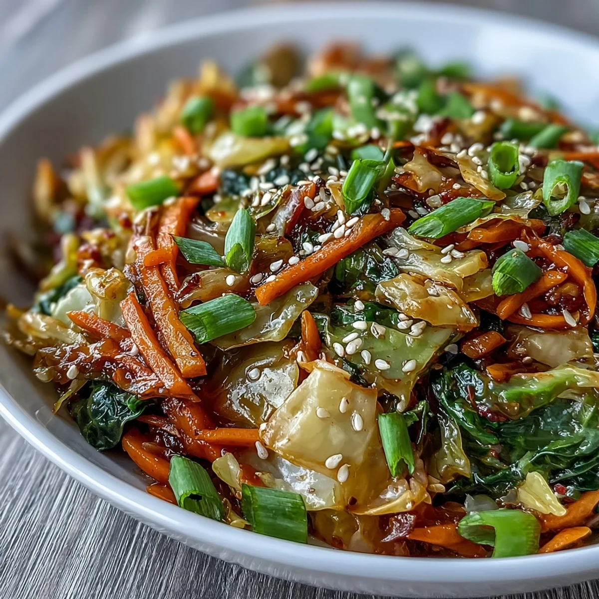 Fresh ginger and garlic sizzle in the pan as the hot and sour cabbage reaches a tender-crisp texture.