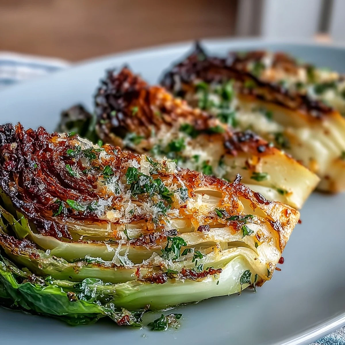 Golden-brown Roasted Garlic Parmesan Cabbage Wedges rest on a baking sheet, garnished with fresh herbs for a rustic, vegetarian side dish.