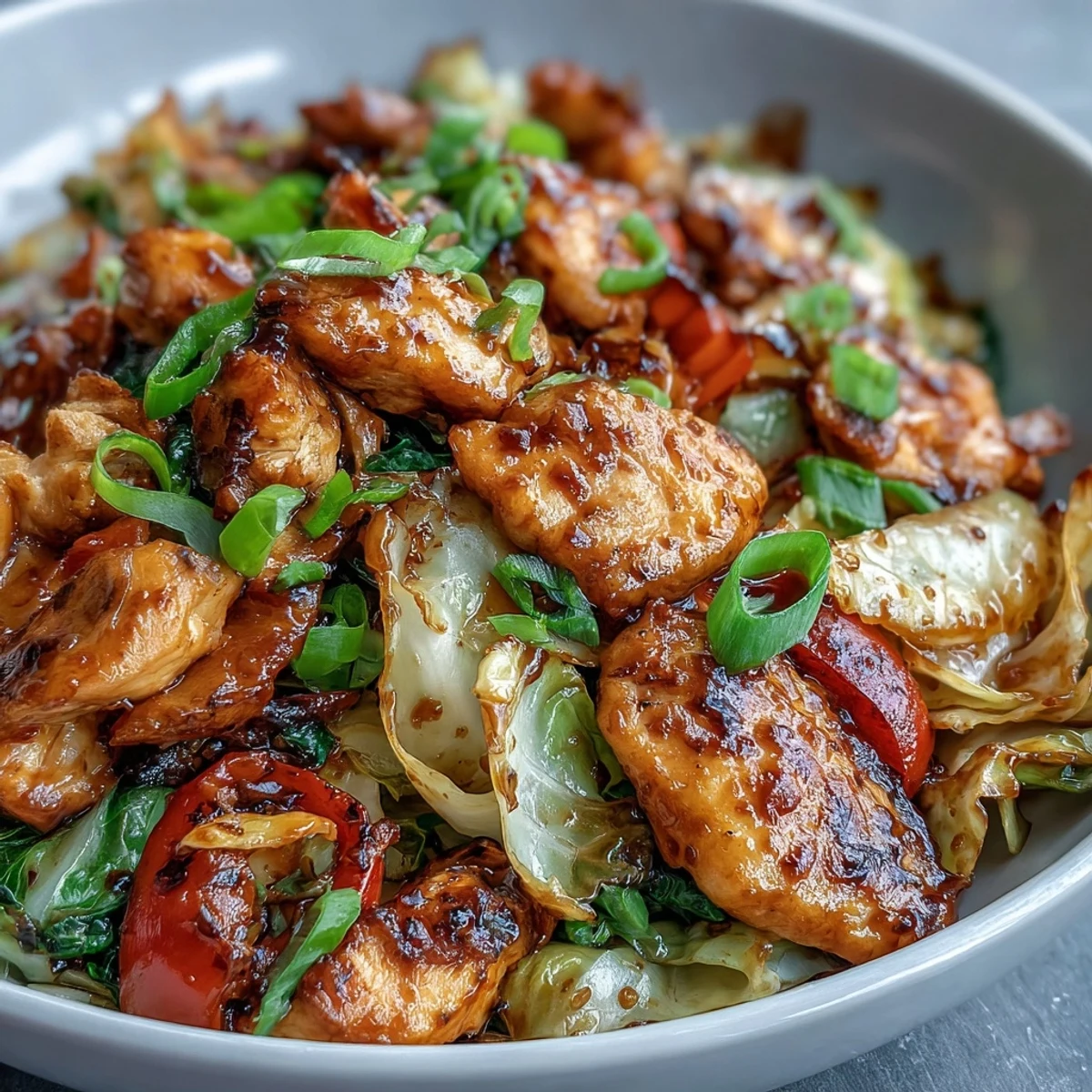 Golden chicken and vibrant crisp cabbage coated in a glossy, savory umami sauce in a wok, ready for a weeknight dinner.