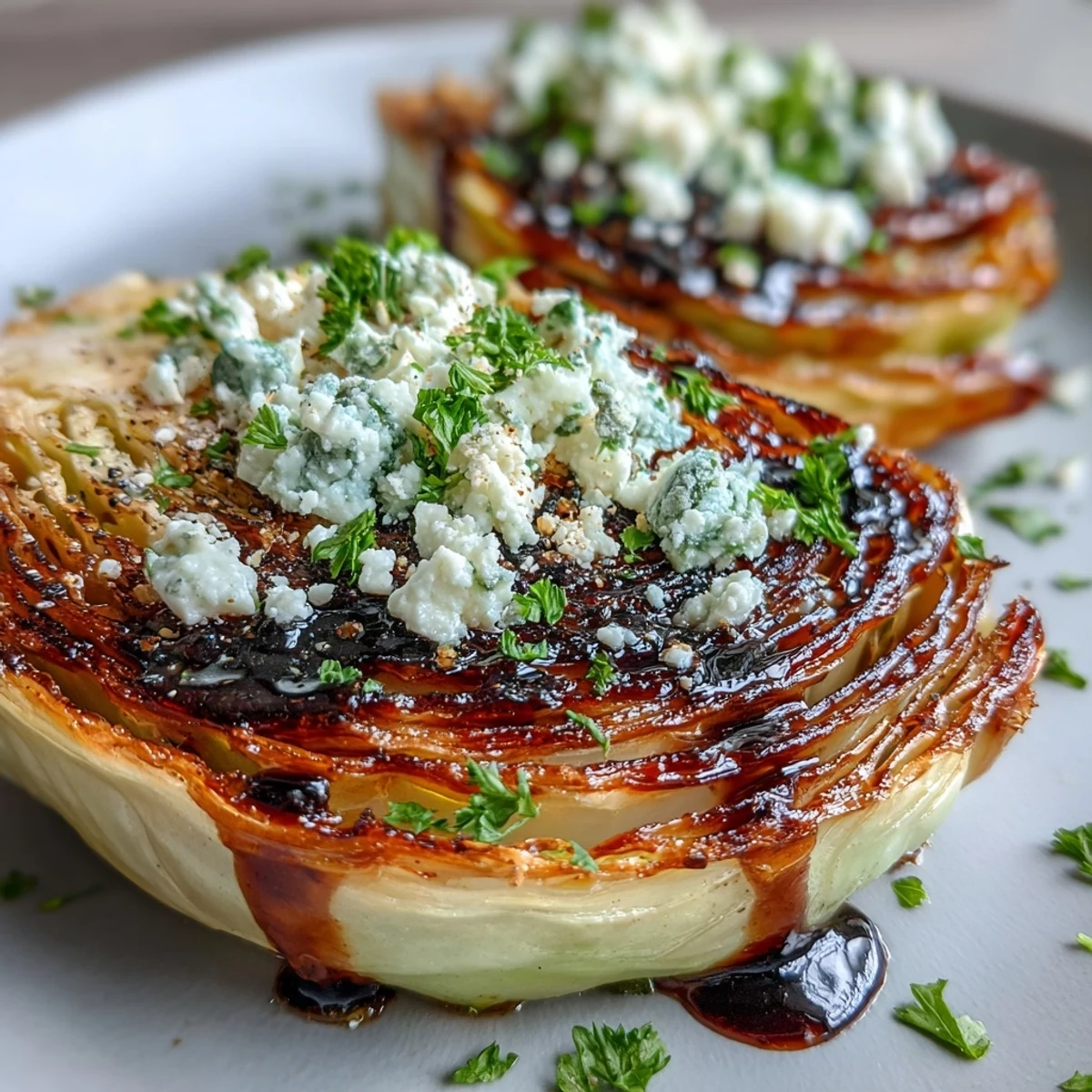 Golden roasted crispy cabbage steaks topped with creamy feta and a drizzle of tangy balsamic glaze on a rustic plate.