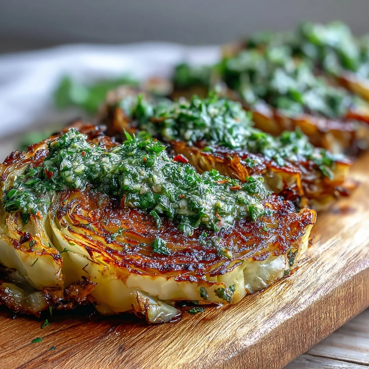 Perfectly roasted cabbage steaks drizzled with zesty jalapeño chimichurri, served as a bold vegan main or side dish.  