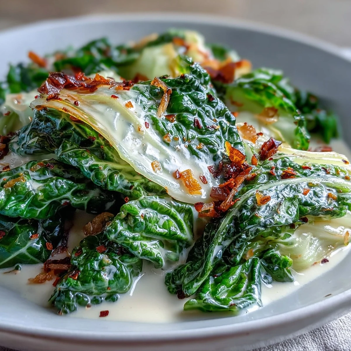 Creamy Coconut Braised Cabbage simmered with warm spices and coconut milk, garnished with cilantro and toasted flakes.  