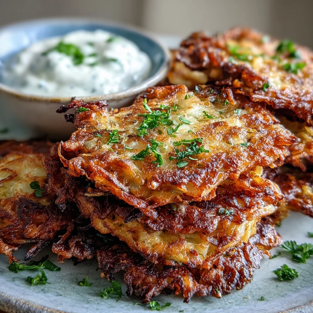 Golden-brown cabbage fritters with a crispy edge sit beside a creamy white dipping sauce, garnished with fresh parsley.  