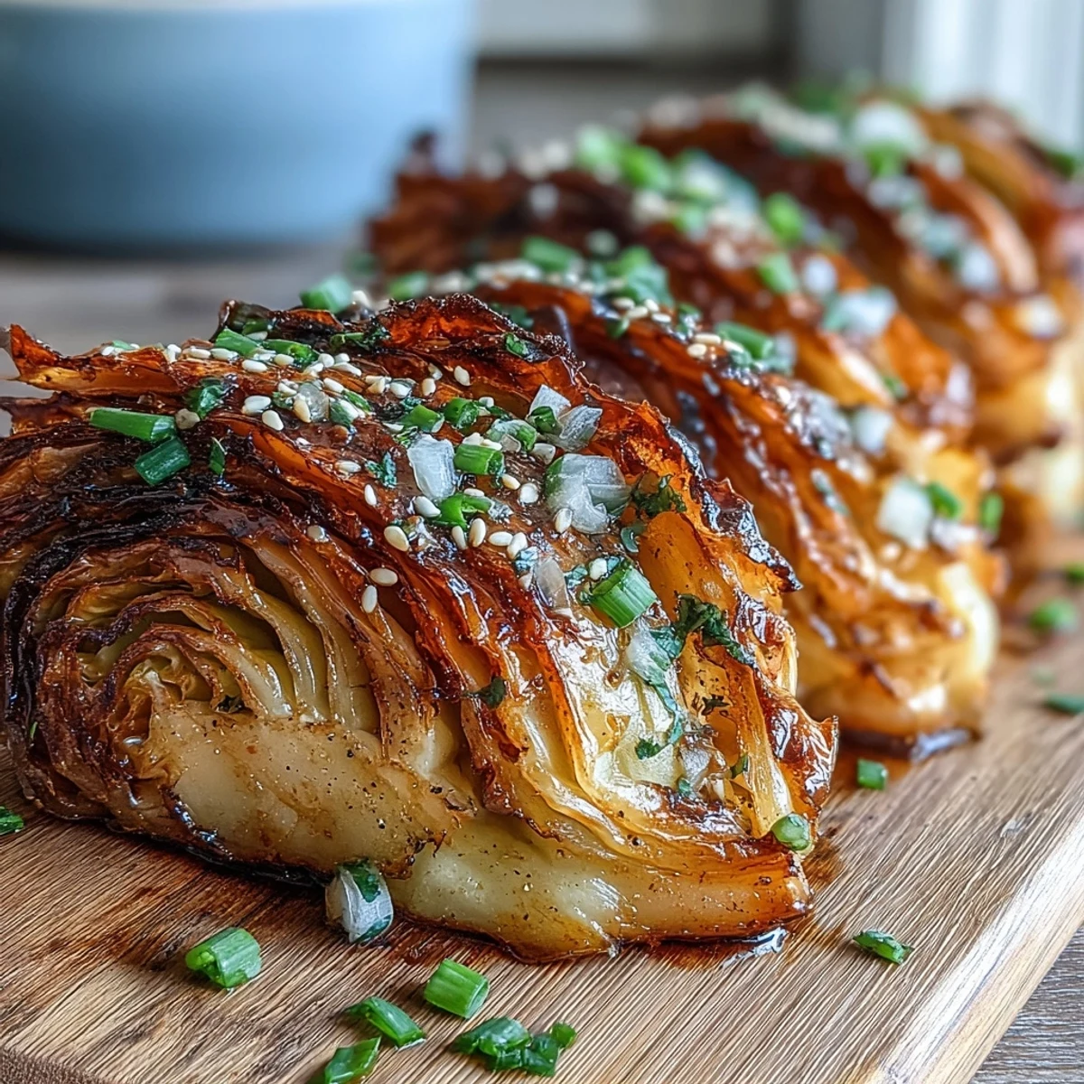 Golden brown roasted cabbage wedges glistening with sweet and nutty miso butter, served fresh from the oven with scallions and sesame seeds.