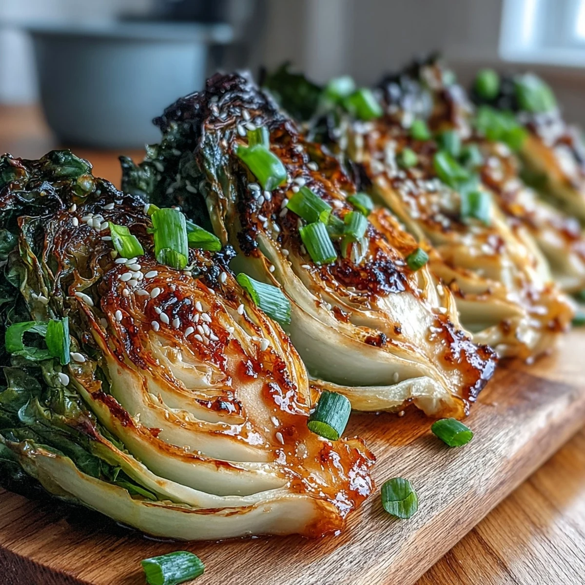U.S. food blog style photo of miso butter roasted cabbage wedges, garnished with black pepper and toasted sesame seeds.