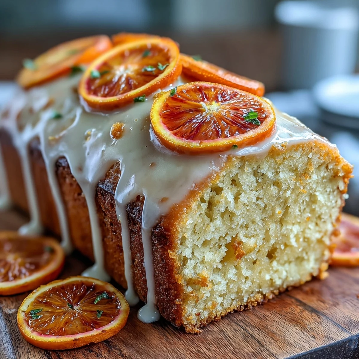 A slice of Heavenly Blood Orange Yogurt Cake shows fluffy texture, paired with fresh berries for a refreshing, zesty dessert plating.
