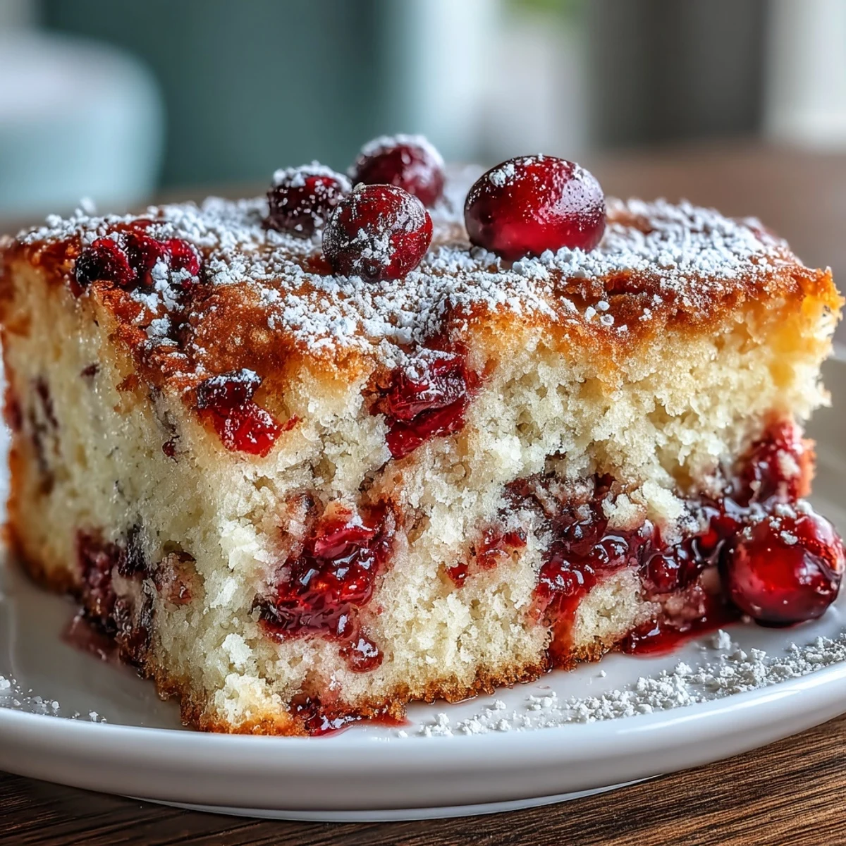 Thick slice of moist Cranberry Orange Breakfast Cake dusted with powdered sugar, served on a white plate for breakfast.