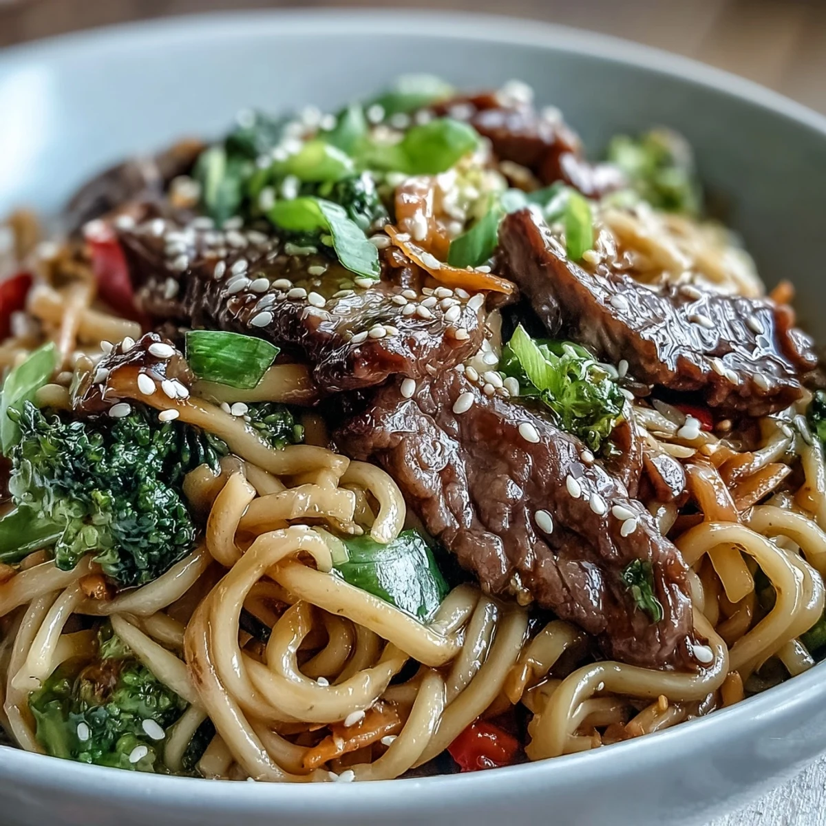 Garnished Korean Beef Noodles with green onions and sesame seeds served in a bowl
